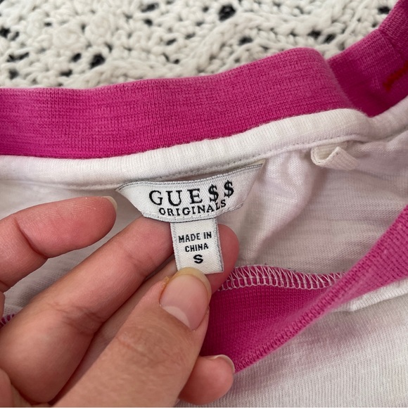 Guess x ASAP Rocky Embroidered Ringer Crew Crop Top T-Shirt White/Pink (XSmall) - Picture 5 of 8